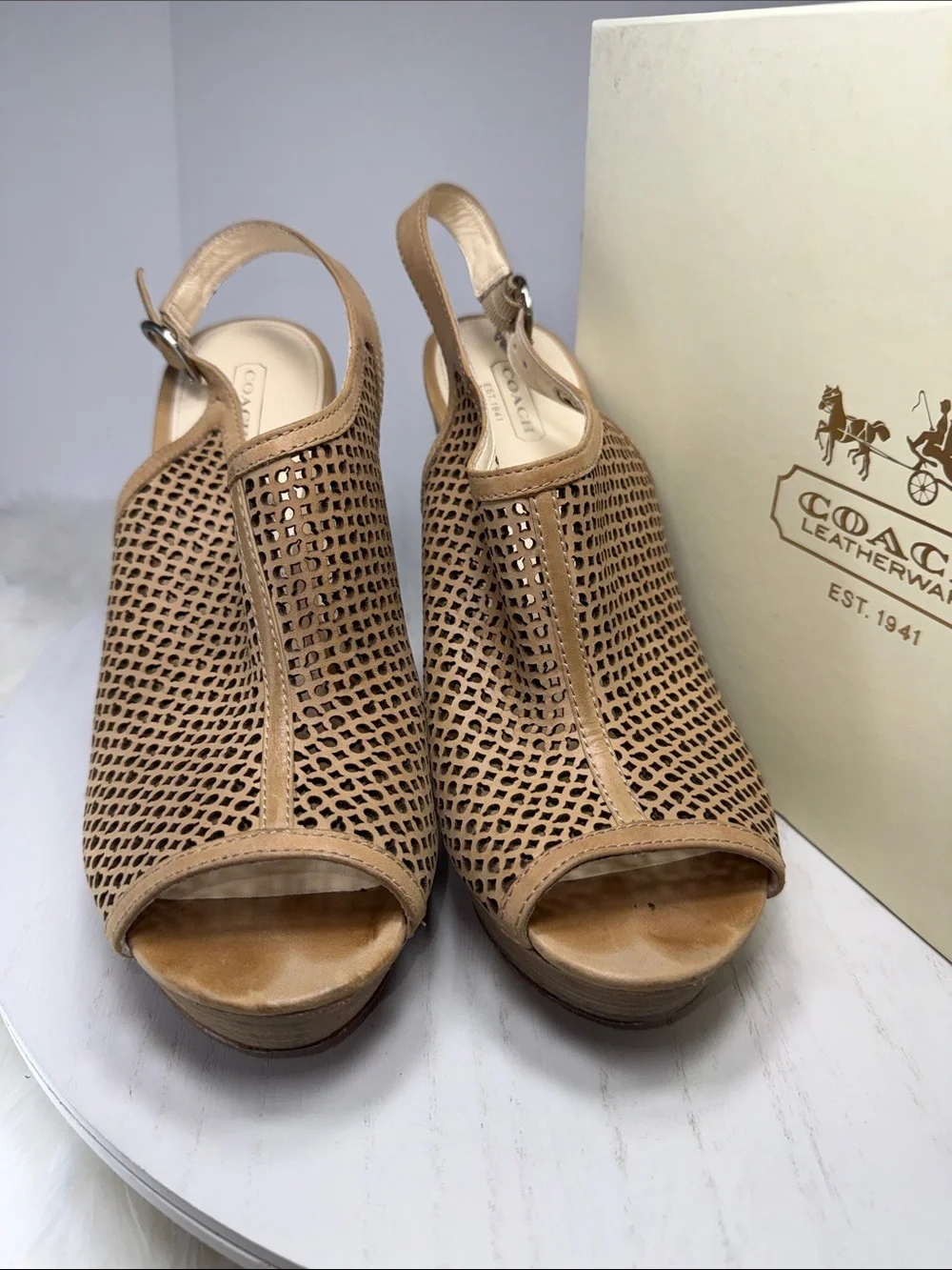 Coach Tan Perforated Leather Slingback Wedge Sandals